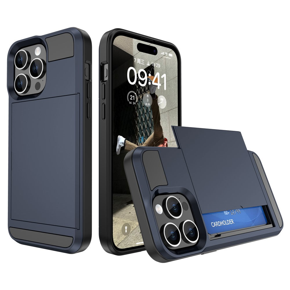 For iPhone 15 Pro Sliding Card Holder Cover Anti-drop PC+TPU Phone Case