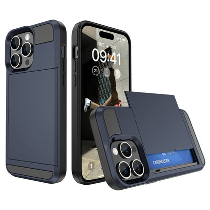 For iPhone 15 Pro Sliding Card Holder Cover Anti-drop PC+TPU Phone Case