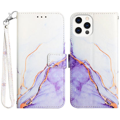For iPhone 15 Pro Case with Strap Marble Pattern Leather Phone Cover Card Holder
