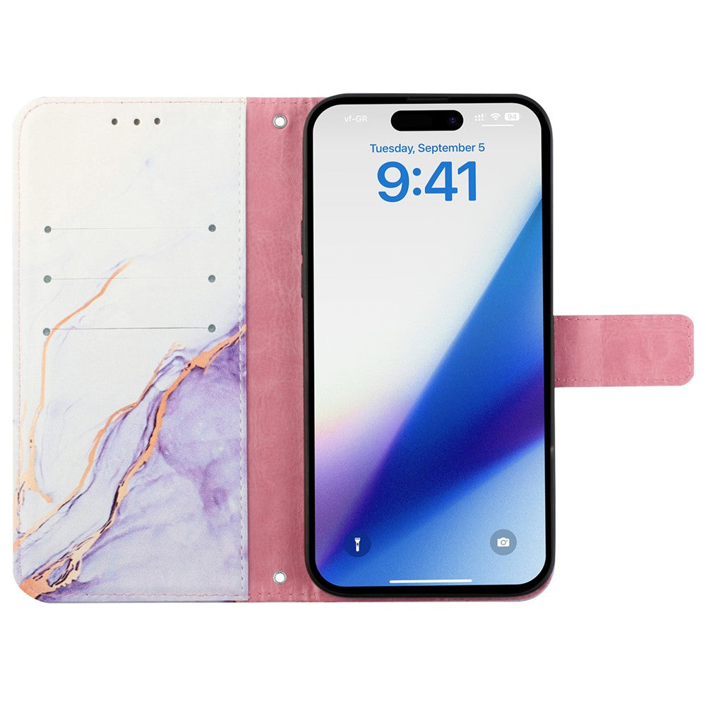 For iPhone 15 Pro Case with Strap Marble Pattern Leather Phone Cover Card Holder