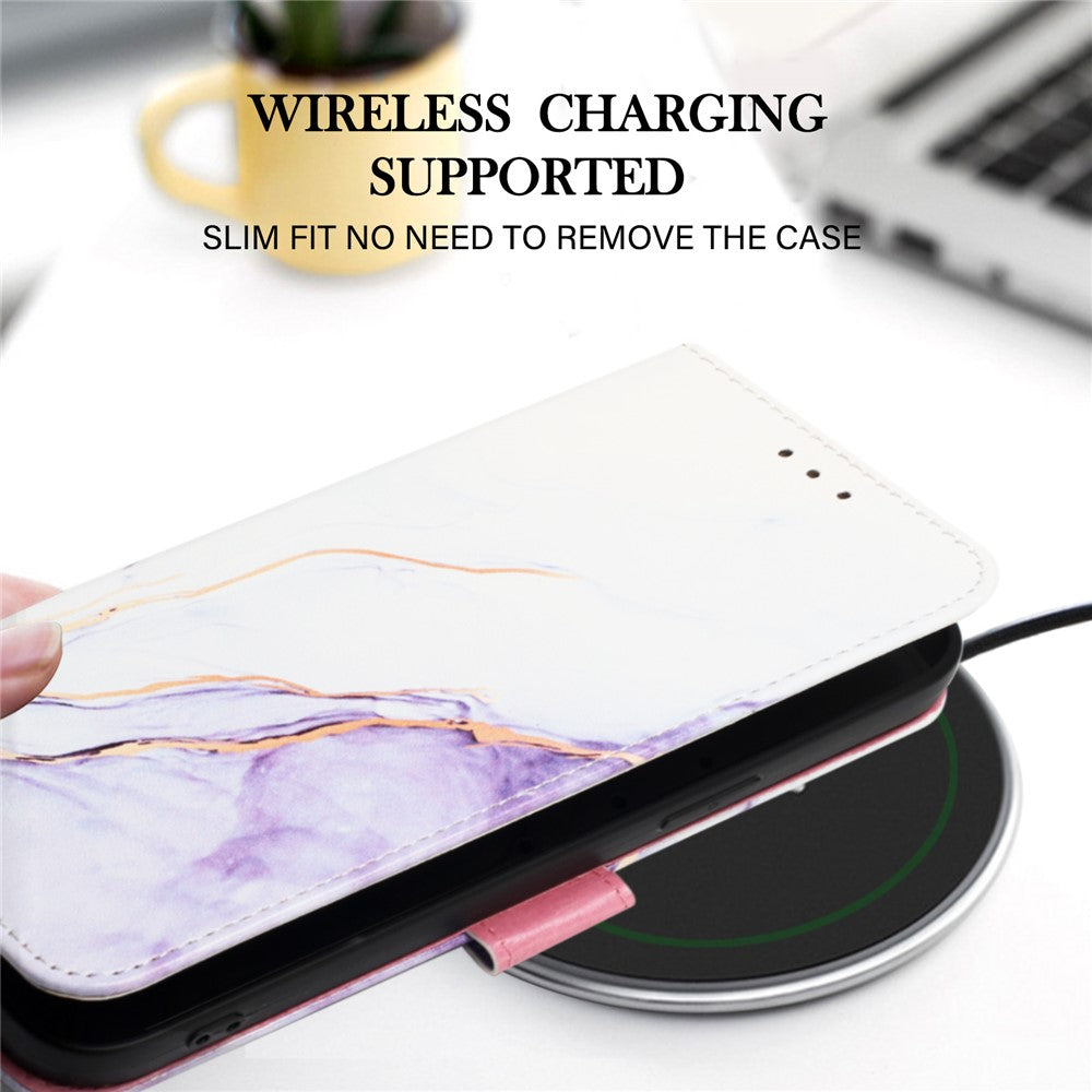 For iPhone 15 Pro Case with Strap Marble Pattern Leather Phone Cover Card Holder