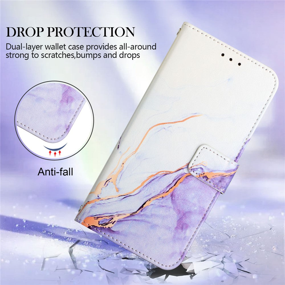 For iPhone 15 Pro Case with Strap Marble Pattern Leather Phone Cover Card Holder
