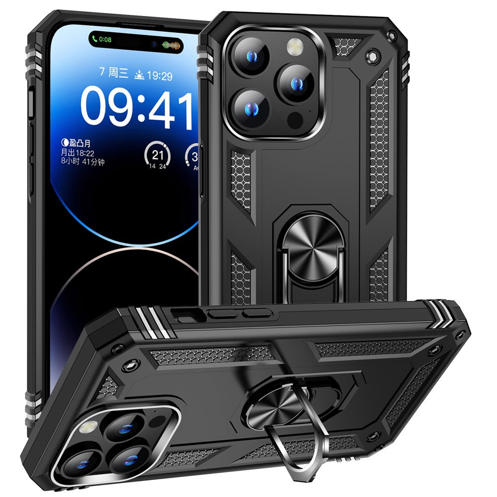 For iPhone 15 Pro Kickstand Phone Case PC+TPU Cover with Built-in Magnetic Holder Metal Sheet