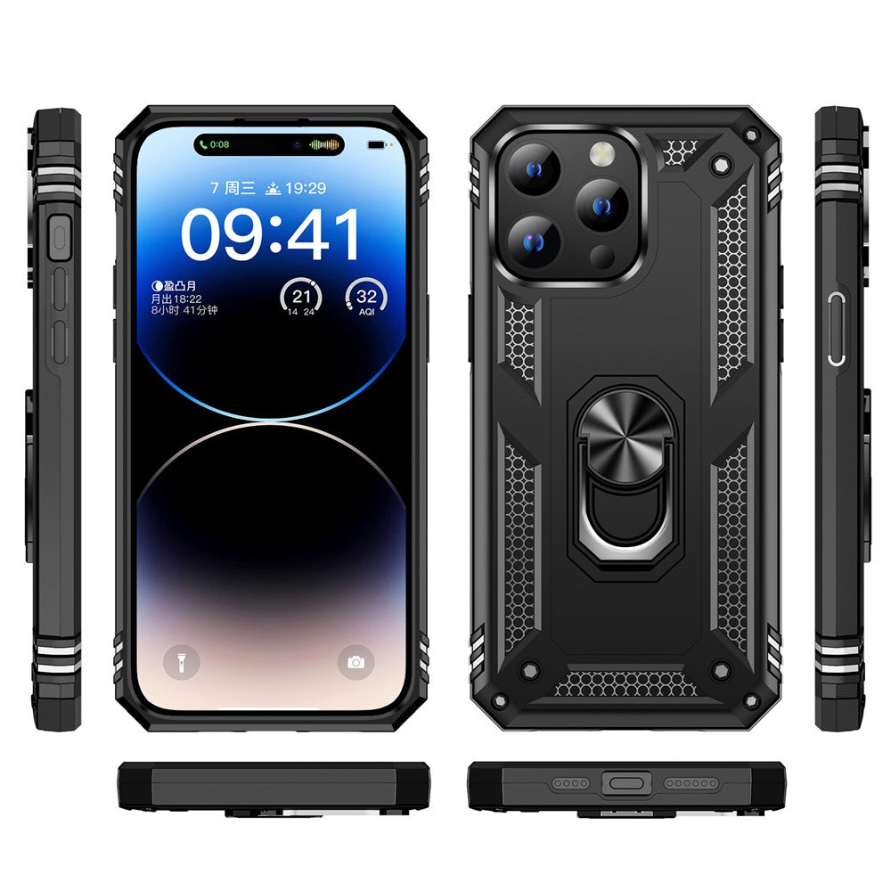 For iPhone 15 Pro Kickstand Phone Case PC+TPU Cover with Built-in Magnetic Holder Metal Sheet