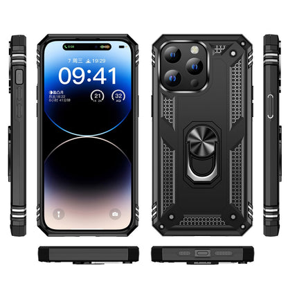 For iPhone 15 Pro Kickstand Phone Case PC+TPU Cover with Built-in Magnetic Holder Metal Sheet