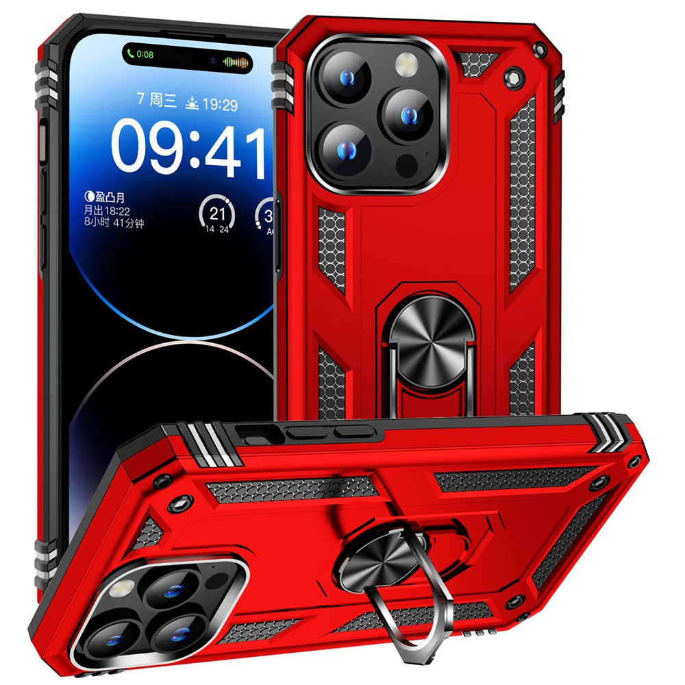 For iPhone 15 Pro Kickstand Phone Case PC+TPU Cover with Built-in Magnetic Holder Metal Sheet