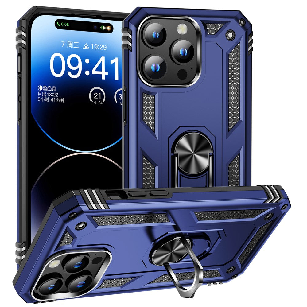 For iPhone 15 Pro Kickstand Phone Case PC+TPU Cover with Built-in Magnetic Holder Metal Sheet