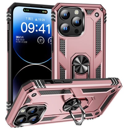 For iPhone 15 Pro Kickstand Phone Case PC+TPU Cover with Built-in Magnetic Holder Metal Sheet