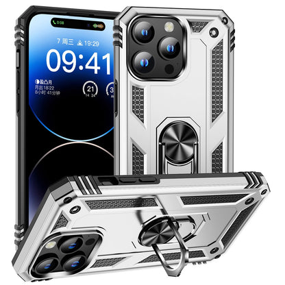 For iPhone 15 Pro Kickstand Phone Case PC+TPU Cover with Built-in Magnetic Holder Metal Sheet