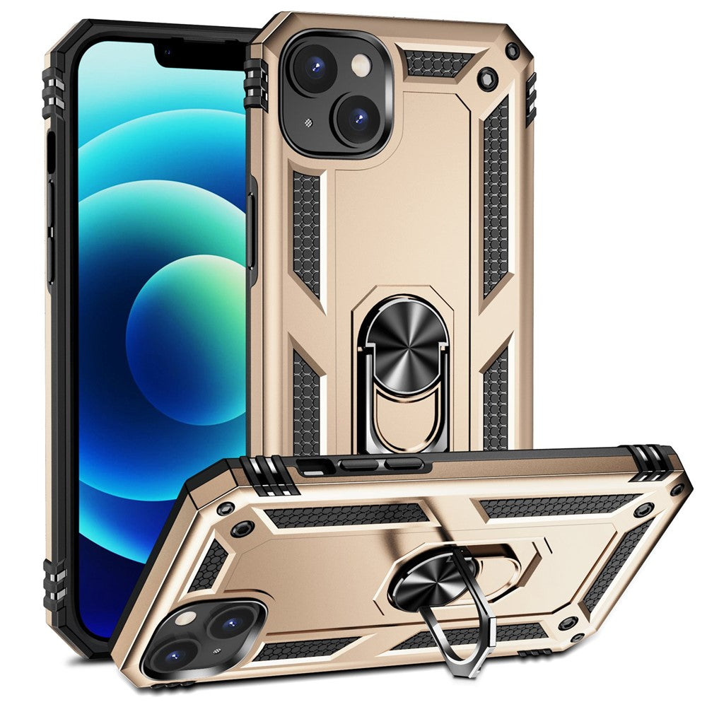 For iPhone 15 Anti-Scratch PC+TPU Cover Kickstand Phone Case with Built-in Magnetic Holder Metal Sheet