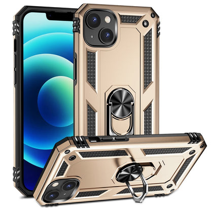 For iPhone 15 Anti-Scratch PC+TPU Cover Kickstand Phone Case with Built-in Magnetic Holder Metal Sheet
