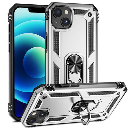 For iPhone 15 Anti-Scratch PC+TPU Cover Kickstand Phone Case with Built-in Magnetic Holder Metal Sheet