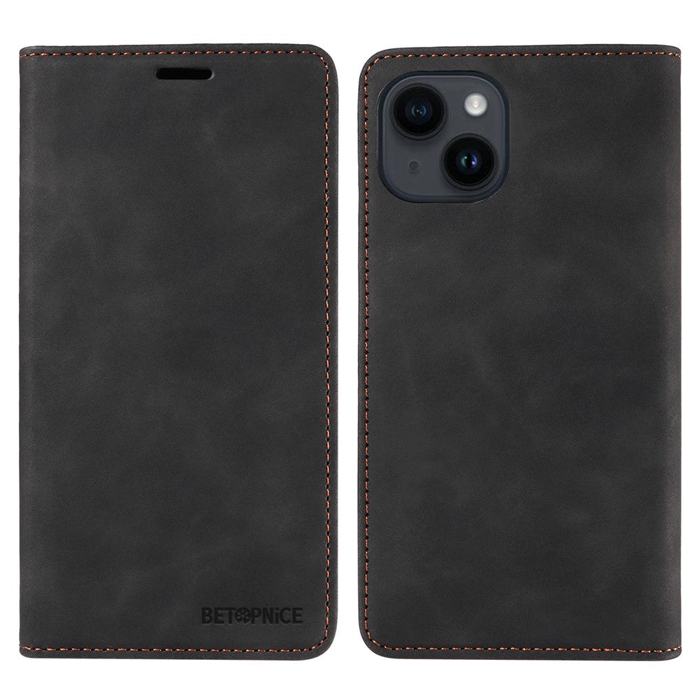 BETOPNICE 003 For iPhone 15 Plus PU Leather Stand Cover Anti-Scratch Wallet Phone Case with RFID Blocking Function