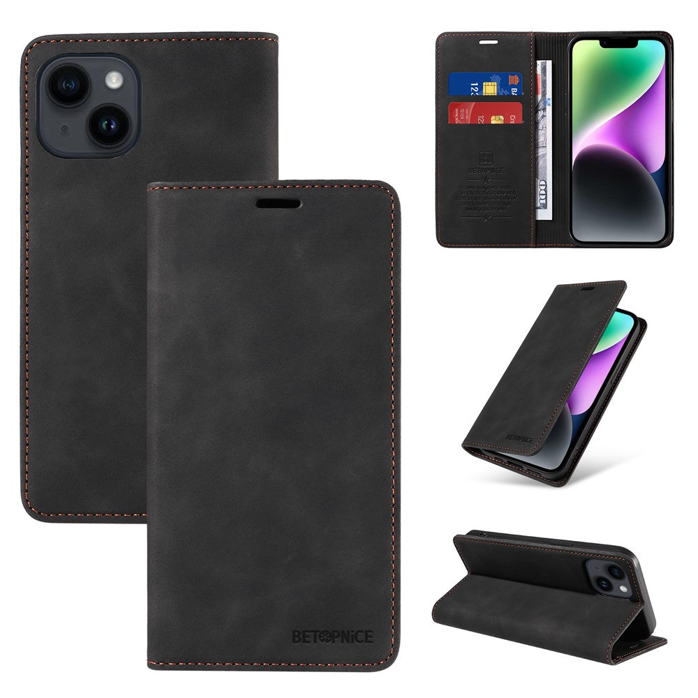 BETOPNICE 003 For iPhone 15 Plus PU Leather Stand Cover Anti-Scratch Wallet Phone Case with RFID Blocking Function