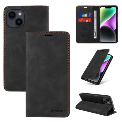 BETOPNICE 003 For iPhone 15 Plus PU Leather Stand Cover Anti-Scratch Wallet Phone Case with RFID Blocking Function