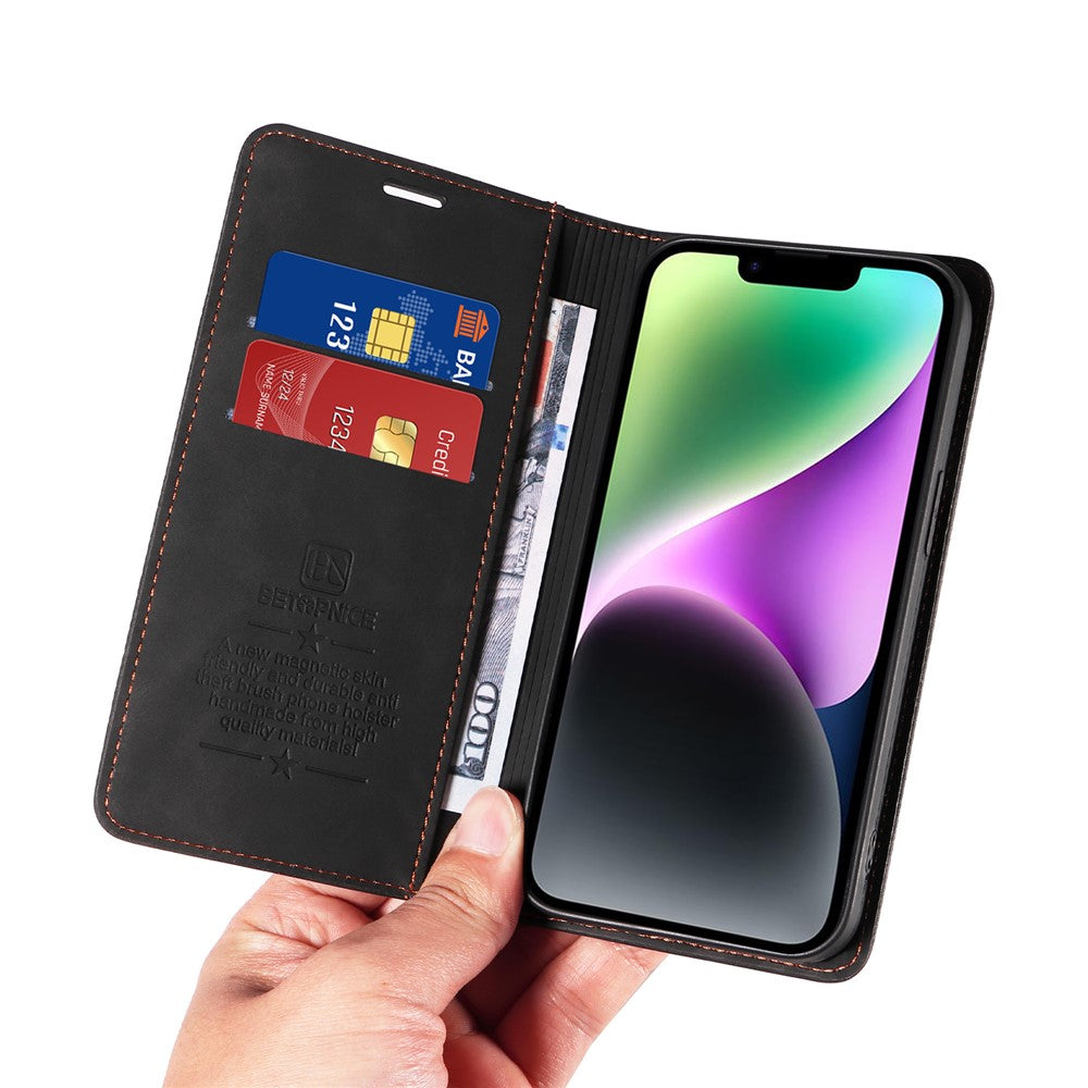 BETOPNICE 003 For iPhone 15 Plus PU Leather Stand Cover Anti-Scratch Wallet Phone Case with RFID Blocking Function