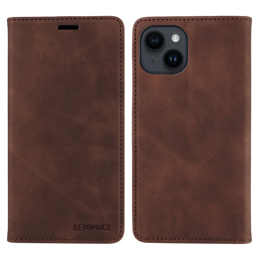 BETOPNICE 003 For iPhone 15 Plus PU Leather Stand Cover Anti-Scratch Wallet Phone Case with RFID Blocking Function