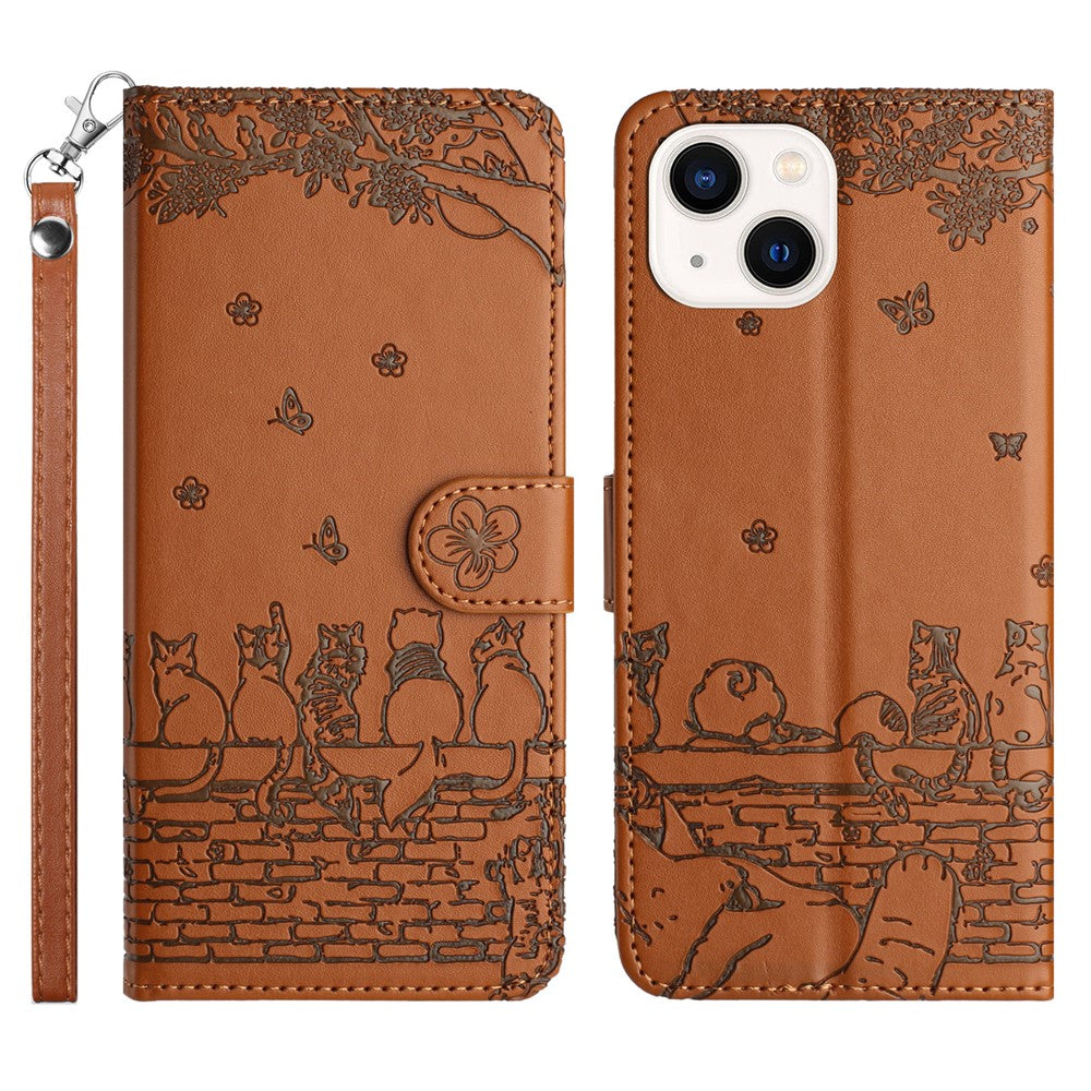 Wall Cats Imprinted Phone Cover for iPhone 15 , Stand Wallet Anti-drop Leather Case with Strap
