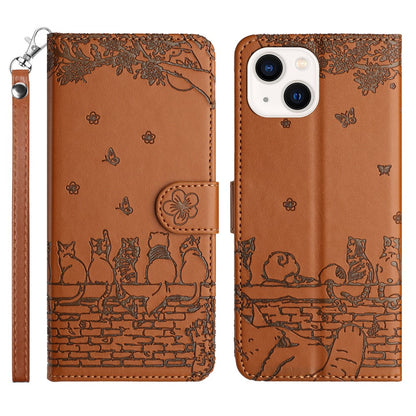 Wall Cats Imprinted Phone Cover for iPhone 15 , Stand Wallet Anti-drop Leather Case with Strap