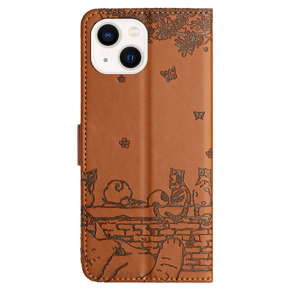 Wall Cats Imprinted Phone Cover for iPhone 15 , Stand Wallet Anti-drop Leather Case with Strap