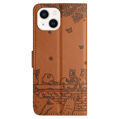 Wall Cats Imprinted Phone Cover for iPhone 15 , Stand Wallet Anti-drop Leather Case with Strap