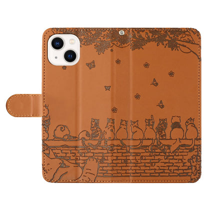 Wall Cats Imprinted Phone Cover for iPhone 15 , Stand Wallet Anti-drop Leather Case with Strap