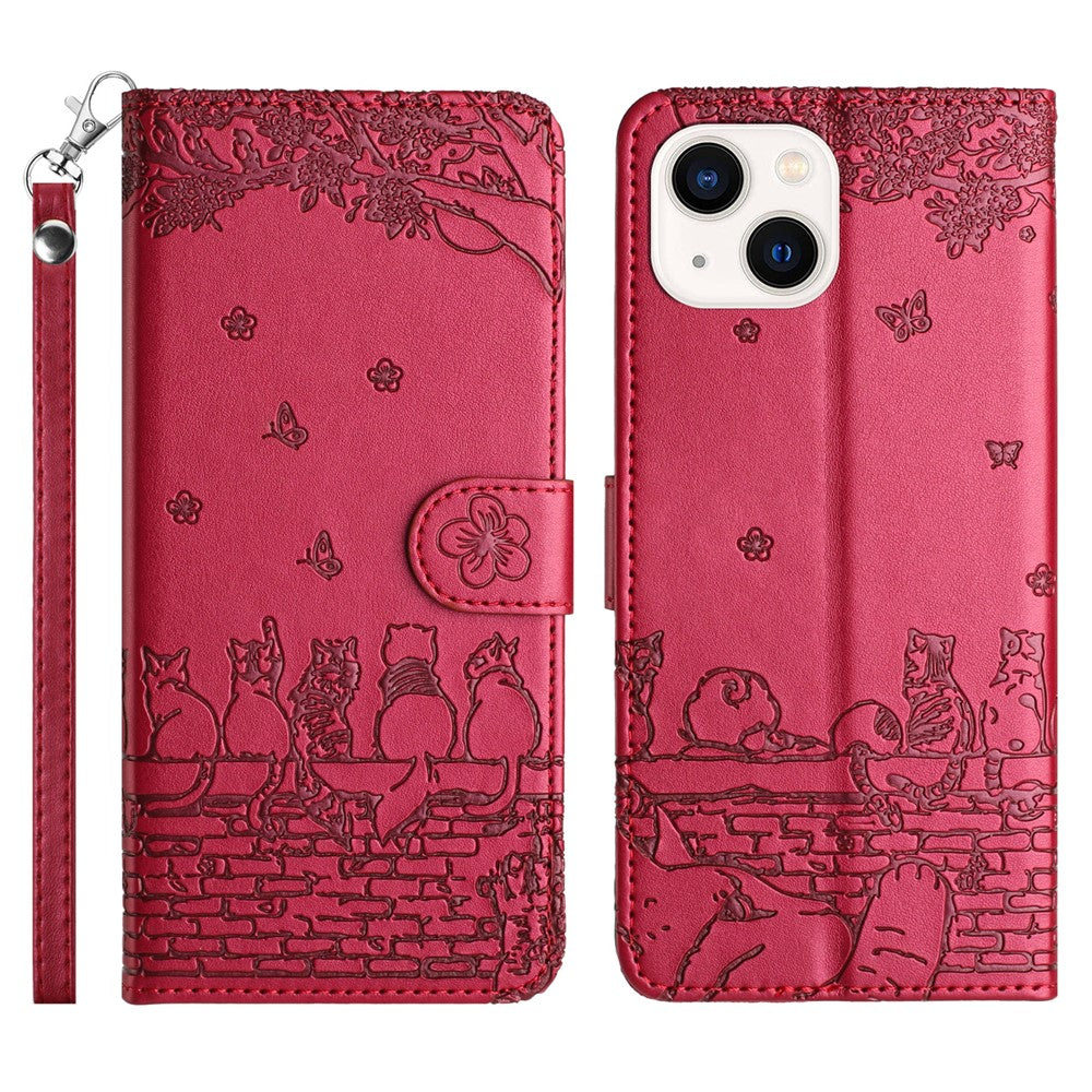 Wall Cats Imprinted Phone Cover for iPhone 15 , Stand Wallet Anti-drop Leather Case with Strap