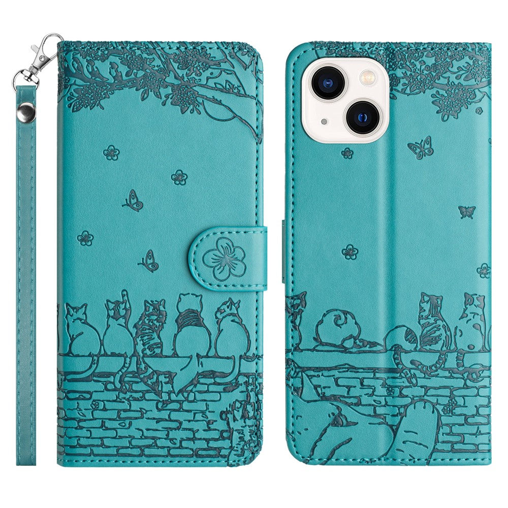 Wall Cats Imprinted Phone Cover for iPhone 15 , Stand Wallet Anti-drop Leather Case with Strap
