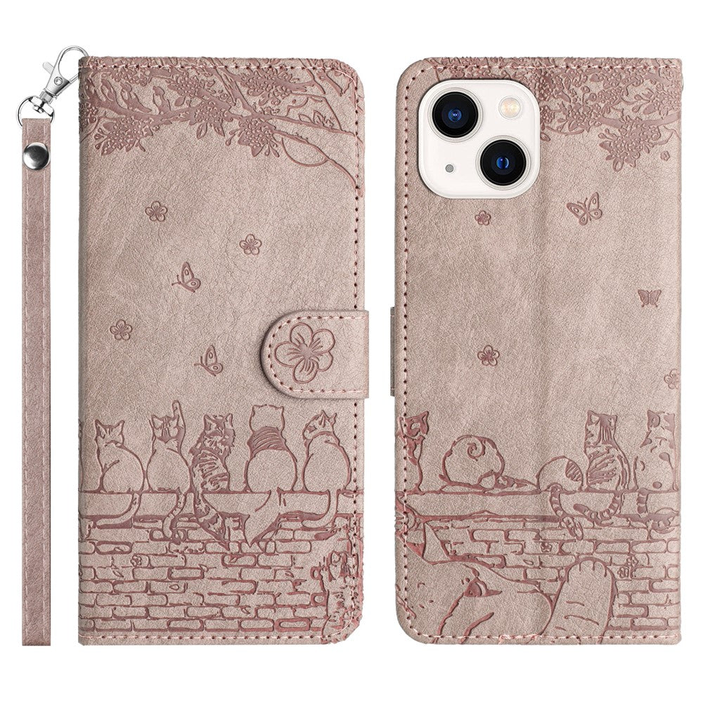 Wall Cats Imprinted Phone Cover for iPhone 15 , Stand Wallet Anti-drop Leather Case with Strap