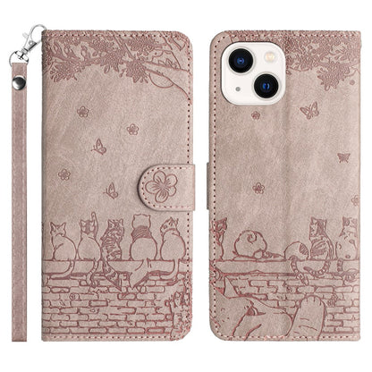 Wall Cats Imprinted Phone Cover for iPhone 15 , Stand Wallet Anti-drop Leather Case with Strap