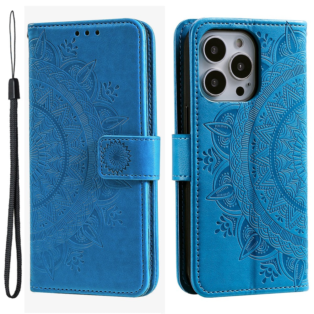 For iPhone 15 Pro Flip Phone Case PU Leather Mandala Flower Imprint Stand Wallet Cover with Strap