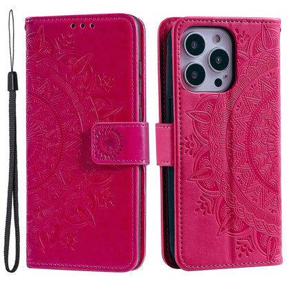 For iPhone 15 Pro Flip Phone Case PU Leather Mandala Flower Imprint Stand Wallet Cover with Strap
