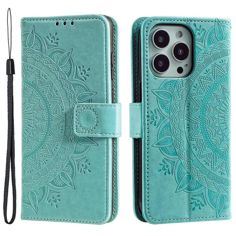For iPhone 15 Pro Max Mandala Flower Imprint Phone Case PU Leather Wallet Stand Folio Cover with Strap