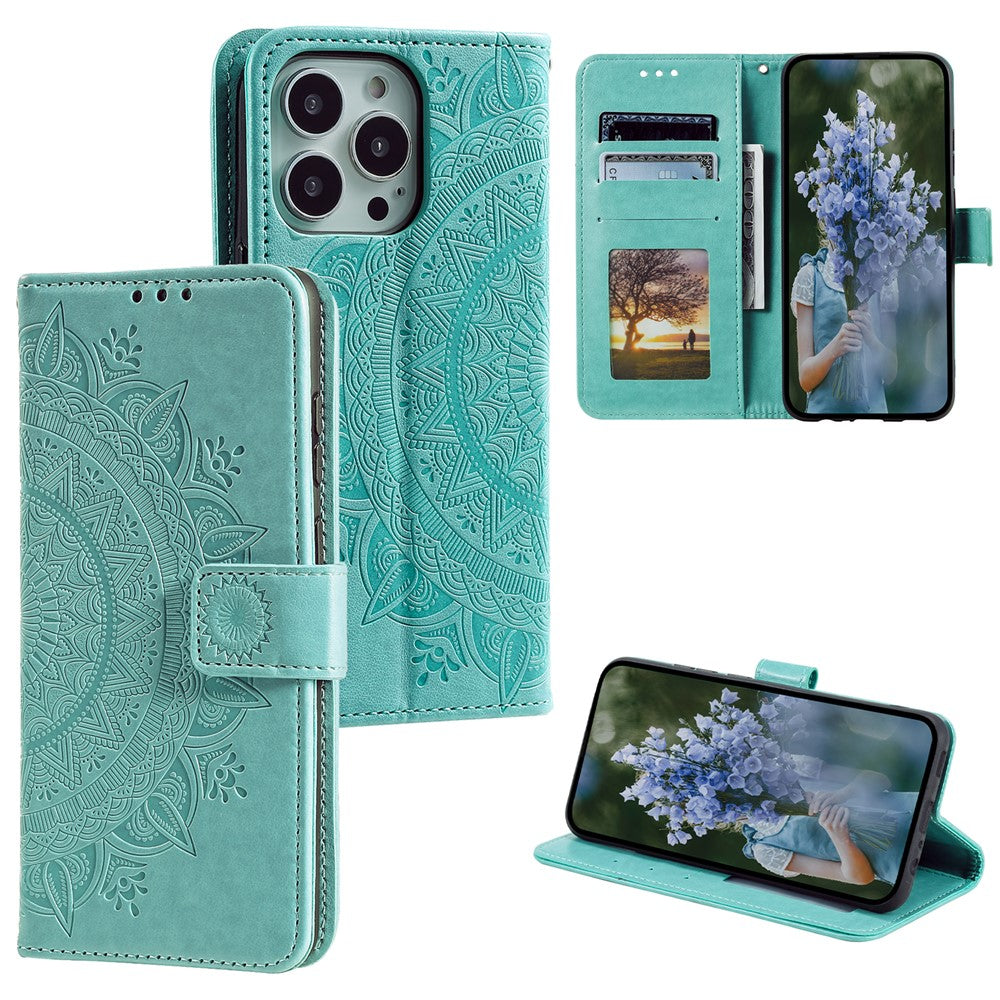 For iPhone 15 Pro Max Mandala Flower Imprint Phone Case PU Leather Wallet Stand Folio Cover with Strap