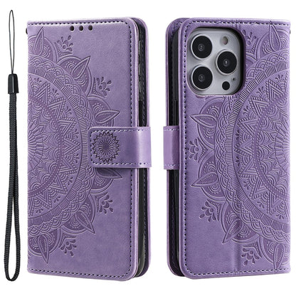 For iPhone 15 Pro Max Mandala Flower Imprint Phone Case PU Leather Wallet Stand Folio Cover with Strap