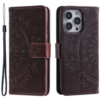 For iPhone 15 Pro Max Mandala Flower Imprint Phone Case PU Leather Wallet Stand Folio Cover with Strap