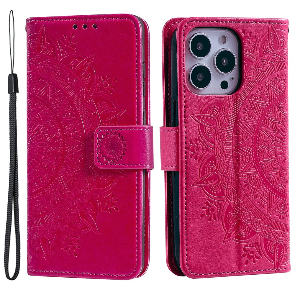 For iPhone 15 Pro Max Mandala Flower Imprint Phone Case PU Leather Wallet Stand Folio Cover with Strap