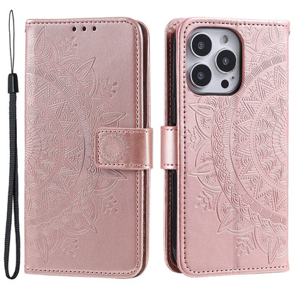 For iPhone 15 Pro Max Mandala Flower Imprint Phone Case PU Leather Wallet Stand Folio Cover with Strap
