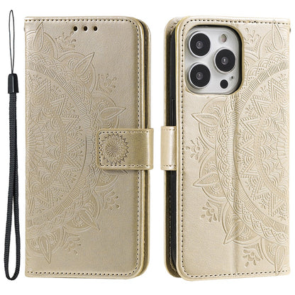 For iPhone 15 Pro Max Mandala Flower Imprint Phone Case PU Leather Wallet Stand Folio Cover with Strap