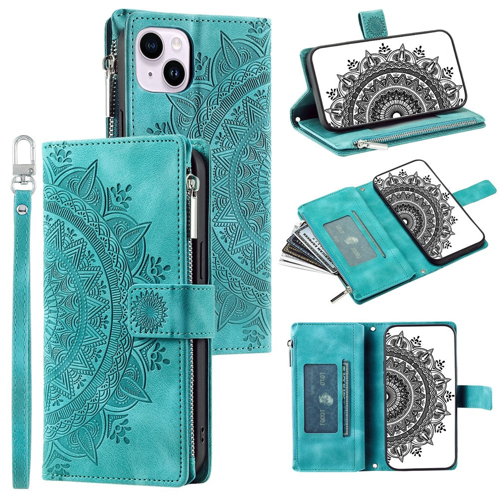 For iPhone 15 Plus Zipper Wallet Leather Phone Case Mandala Flower Imprinted Stand Card Holder Cover with Strap