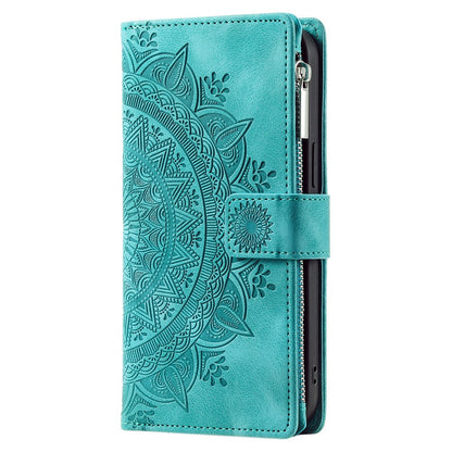 For iPhone 15 Plus Zipper Wallet Leather Phone Case Mandala Flower Imprinted Stand Card Holder Cover with Strap