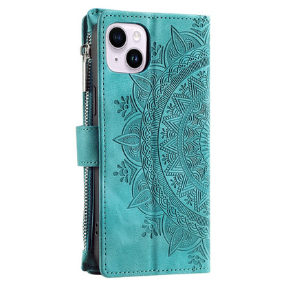 For iPhone 15 Plus Zipper Wallet Leather Phone Case Mandala Flower Imprinted Stand Card Holder Cover with Strap
