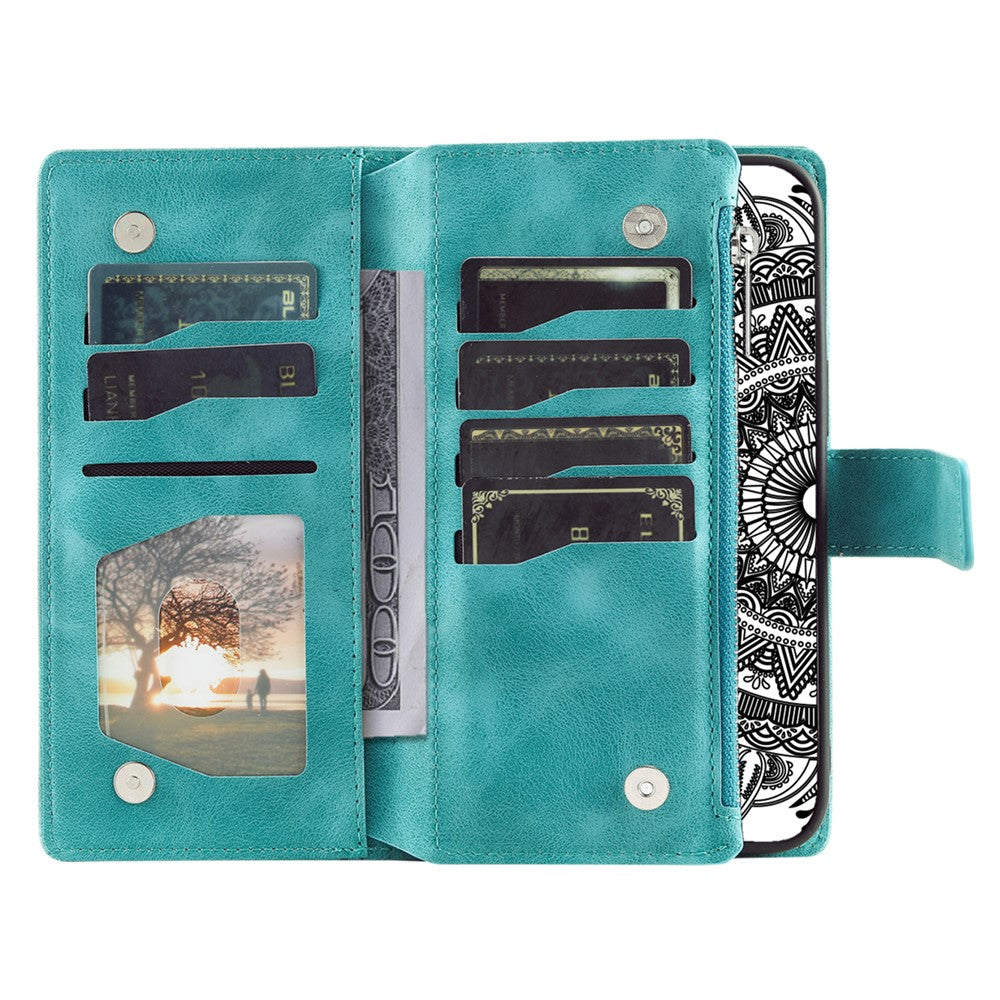 For iPhone 15 Plus Zipper Wallet Leather Phone Case Mandala Flower Imprinted Stand Card Holder Cover with Strap