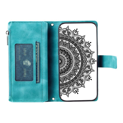 For iPhone 15 Plus Zipper Wallet Leather Phone Case Mandala Flower Imprinted Stand Card Holder Cover with Strap