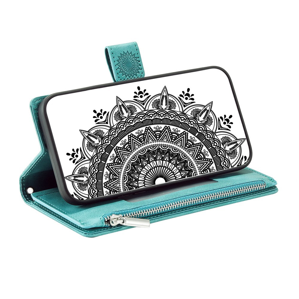 For iPhone 15 Plus Zipper Wallet Leather Phone Case Mandala Flower Imprinted Stand Card Holder Cover with Strap