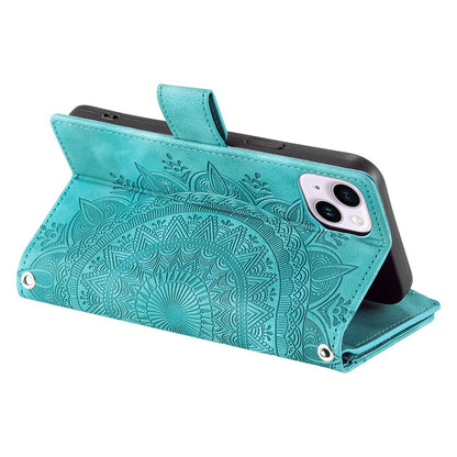 For iPhone 15 Plus Zipper Wallet Leather Phone Case Mandala Flower Imprinted Stand Card Holder Cover with Strap
