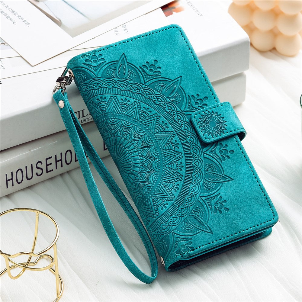 For iPhone 15 Plus Zipper Wallet Leather Phone Case Mandala Flower Imprinted Stand Card Holder Cover with Strap