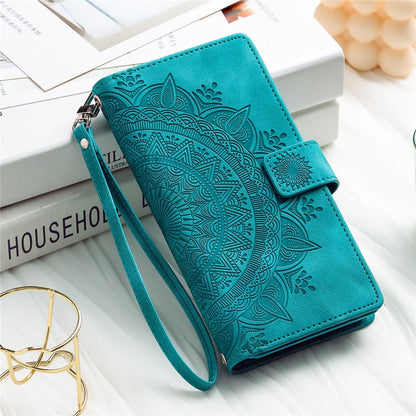 For iPhone 15 Plus Zipper Wallet Leather Phone Case Mandala Flower Imprinted Stand Card Holder Cover with Strap