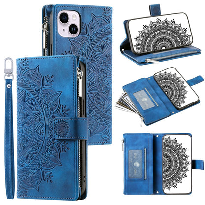 For iPhone 15 Plus Zipper Wallet Leather Phone Case Mandala Flower Imprinted Stand Card Holder Cover with Strap