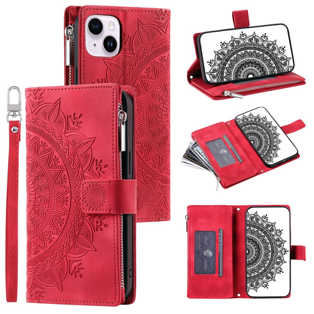 For iPhone 15 Plus Zipper Wallet Leather Phone Case Mandala Flower Imprinted Stand Card Holder Cover with Strap